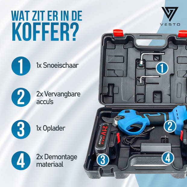 Vesto® Elektrische Snoeischaar - Draadloos met 2 Accu's en Opbergkoffer - Professioneel Takkenschaar voor 28mm