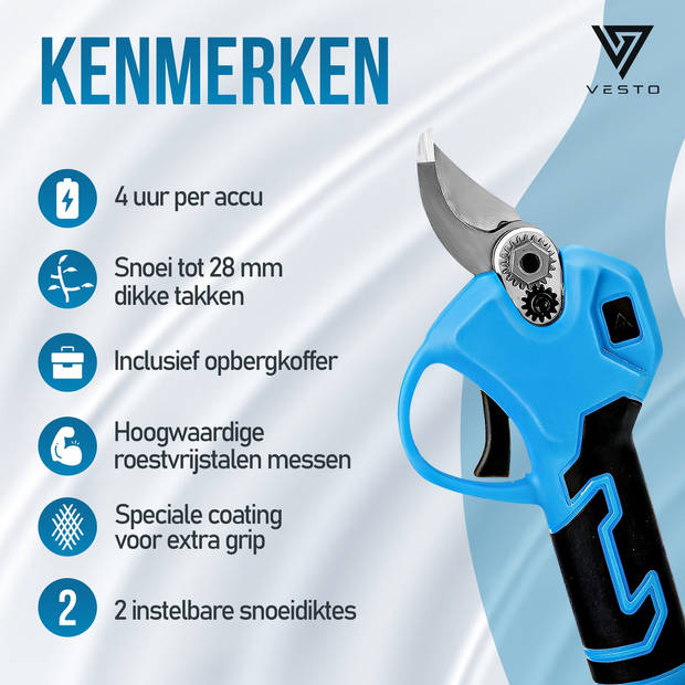 Vesto® Elektrische Snoeischaar - Draadloos met 2 Accu's en Opbergkoffer - Professioneel Takkenschaar voor 28mm