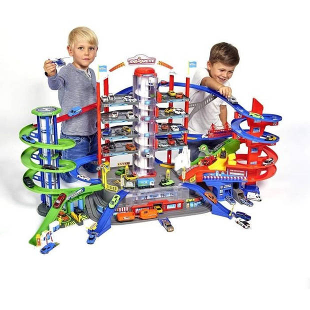 Super City Majorette-garage met 5 voertuigen en 1 trein - 7 niveaus - 128 x 78 cm