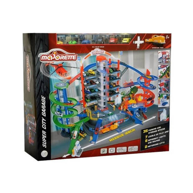 Super City Majorette-garage met 5 voertuigen en 1 trein - 7 niveaus - 128 x 78 cm