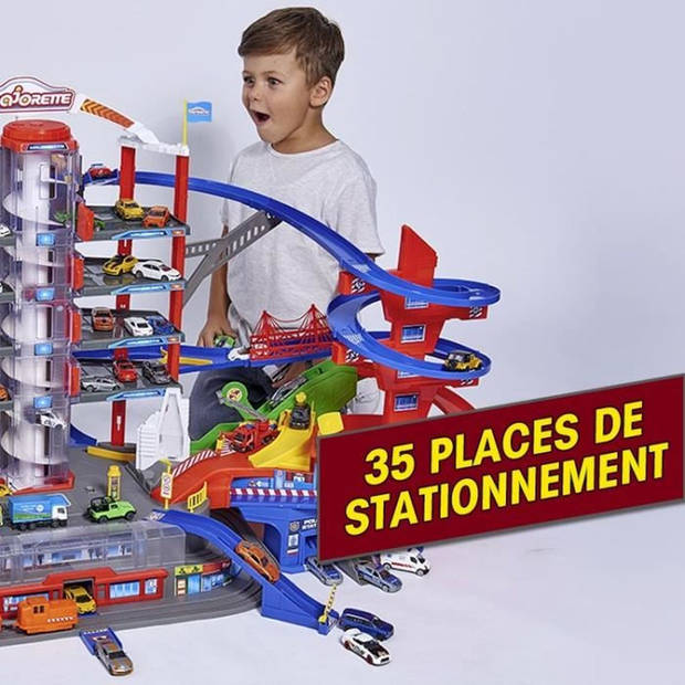 Super City Majorette-garage met 5 voertuigen en 1 trein - 7 niveaus - 128 x 78 cm