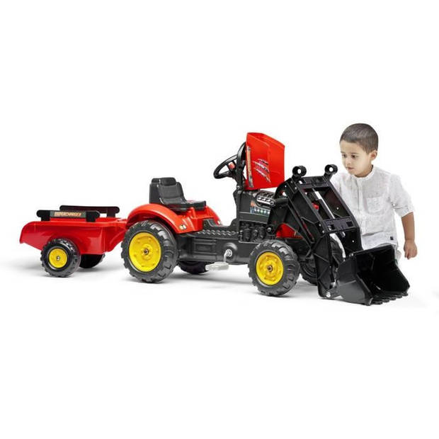 Rode Supercharger traptractor met te openen motorkap en aanhanger