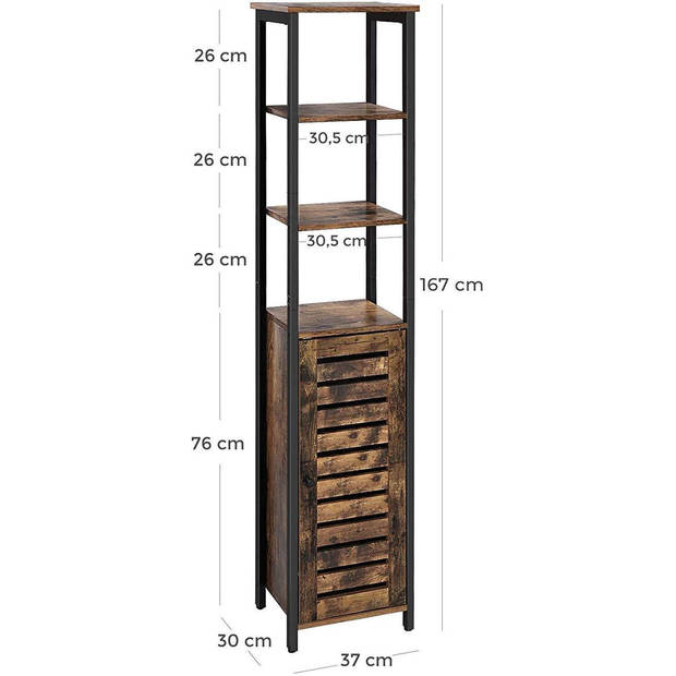 Parya Home Opbergkast - Staande Kast - Industrieel - Smalle Badkamer Kast - 3 Open Planken - 37 x 30 x 167 cm