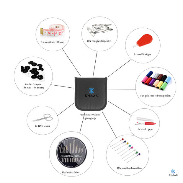 Knaak Naaiset inclusief Opbergtasje met Rits - 72-delige Naaikit - Zwart