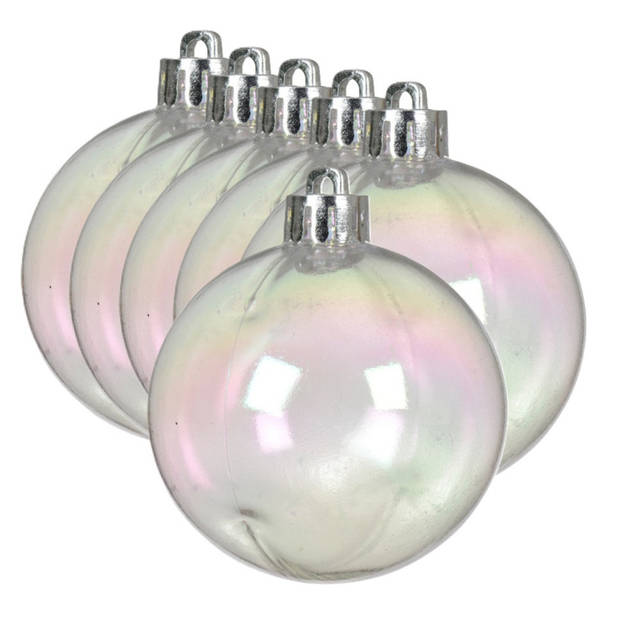 Decoris kerstballen - 6x st- 8 cm - transparant parelmoer - kunststof - Kerstbal