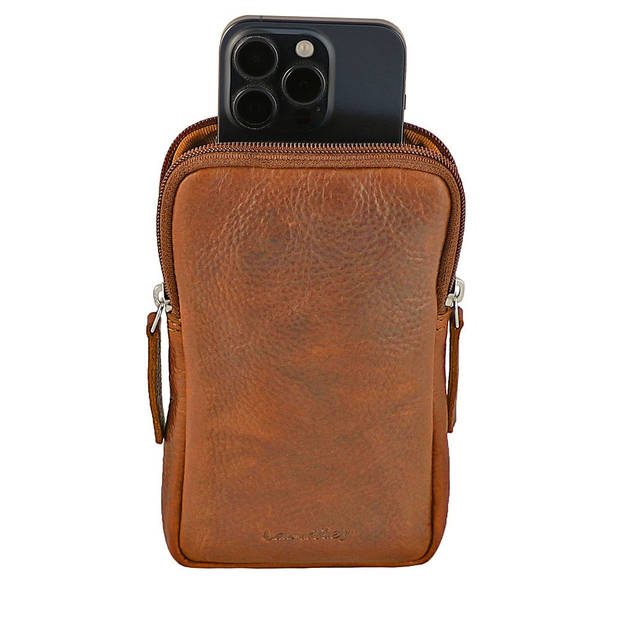 Landley Compact Leren Dames Telefoontasje - Antique Vintage Pull-up Leer - Cognac