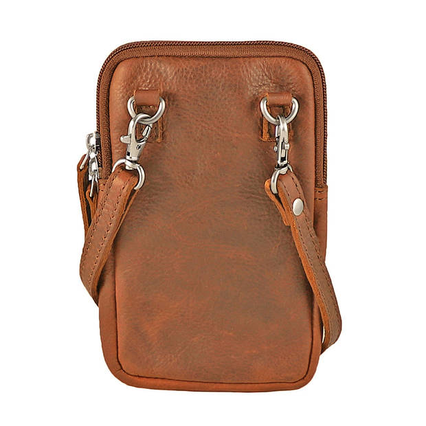 Landley Compact Leren Dames Telefoontasje - Antique Vintage Pull-up Leer - Cognac