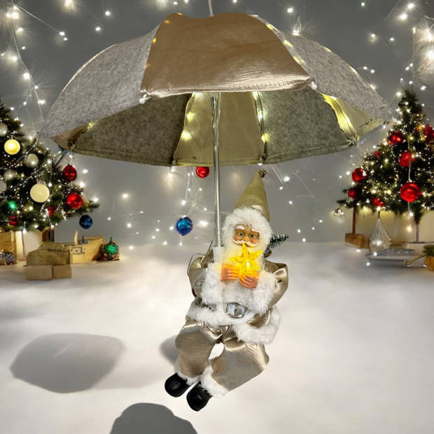 Santabrella kersthanger kerstman met Led verlichting - H60 x D50 cm - Goud / Grijs