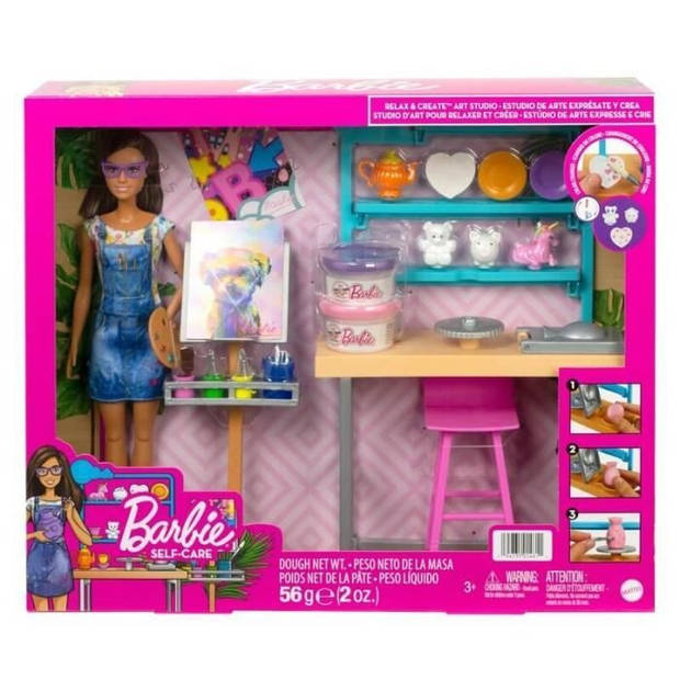 Barbie Well-being Art Workshop Box, Creëren en ontspannen, met pop, boetseerklei en accessoires, HCM85