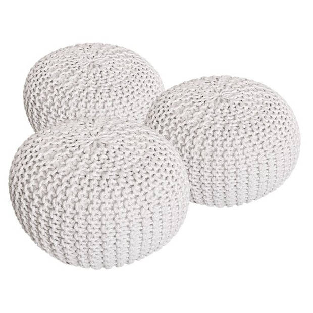 Bobbel Home - Poef - set 3-delig - 55 cm (Diameter) x 37cm - Wit - Grof gebreide look