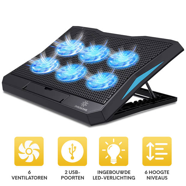 PROKING Laptop Koeler Cooler - Laptop standaard - Laptopverhoger - 6 ventilatoren - Ergonomisch - 10"-17" inch