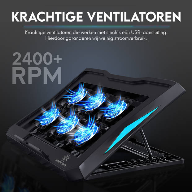 PROKING Laptop Koeler Cooler - Laptop standaard - Laptopverhoger - 6 ventilatoren - Ergonomisch - 10"-17" inch