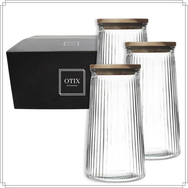 OTIX Voorraadpotten - Glas - met Deksel - Snoeppotten - Set van 3 - Acacia Wood - 1300ml - SIRIUS