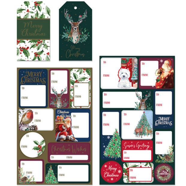 55 Luxe Kerst Cadeaulabelset - assortiment van 51 Naamstickers & 4 Naamlabels met koord