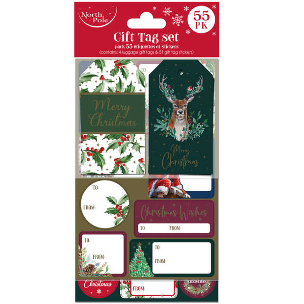 55 Luxe Kerst Cadeaulabelset - assortiment van 51 Naamstickers & 4 Naamlabels met koord