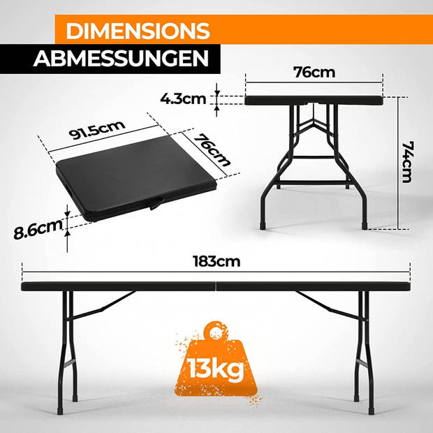 Jago- buffettafel- belastbaar tot 150 kg- zwart- 183 cm lengte -voor 8 personen- inklapbaar- draagbaar- ruimtebespare...