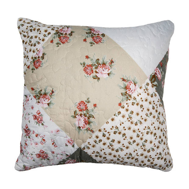 Clayre & Eef Kussenhoes 40x40 cm Groen Beige Polyester Bloemen Sierkussenhoes Groen Sierkussenhoes