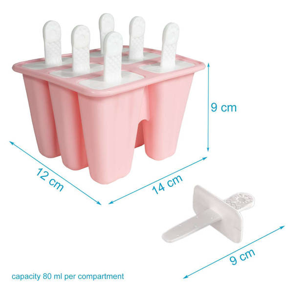 Intirilife siliconen ijsvorm met 6 holtes in roze - 14 x 9 cm - herbruikbare vorm voor zelfgemaakt ijs op een stokje