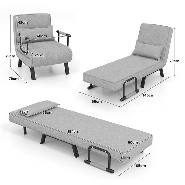 Costway 4-in-1 Uitklapbare Slaapstoel Belastbaar Tot 150 kg Licht Grijs - Inklapbare Slaapbank