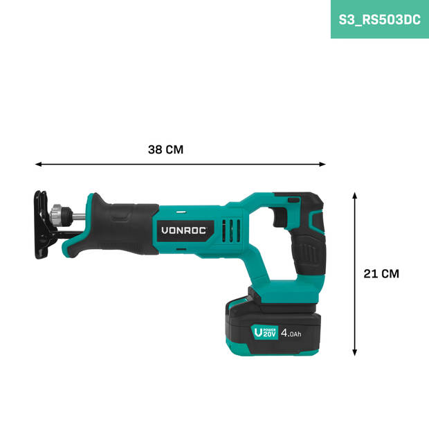 VONROC Accu Reciprozaag 20V - Incl. 3 Zaagbladen - Incl. 4.0Ah Accu en snellader