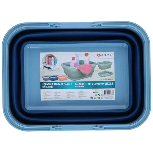 Alpina Wasmand/draagmand opvouwbaar - kunststof - 19 Liter - blauw - 38 x 28 x 18 cm - Emmers