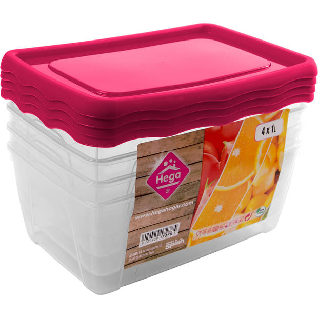 Hega Hogar Vershoudbakjes - set 8x stuks - 1 liter - transparant/roze - L18 x B12 x H12 cm - Vershoudbakjes