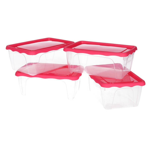 Hega Hogar Vershoudbakjes - set 8x stuks - 1 liter - transparant/roze - L18 x B12 x H12 cm - Vershoudbakjes