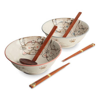 Luxe - Ramenbowlset - Katten - 2 Persoons - Ramen bowl set - 6 Delig - Ø22 cm H9 cm - Ramen - Ramen bowl