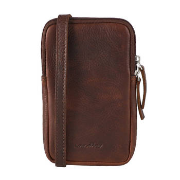 Landley Compact Leren Dames Telefoontasje - Antique Vintage Pull-up Leer - Donker Cognac / Bruin