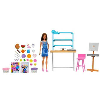 Barbie Well-being Art Workshop Box, Creëren en ontspannen, met pop, boetseerklei en accessoires, HCM85