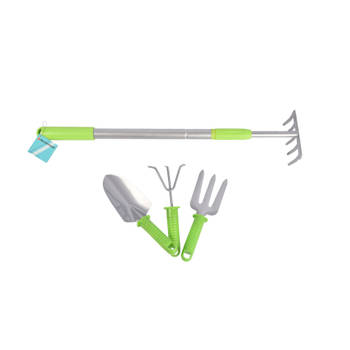 Handzame Tuinhark - Groen & Silver - 90cmx12.5cm - 3-delige Tuingereedschapset - Metaal & Plastic - Inhoud: 1 hark, 3