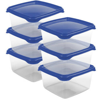 Hega Hogar Vershoudbakjes - 6x stuks - 1.3 liter - transparant/blauw - L16 x B16 x H11 cm - Vershoudbakjes