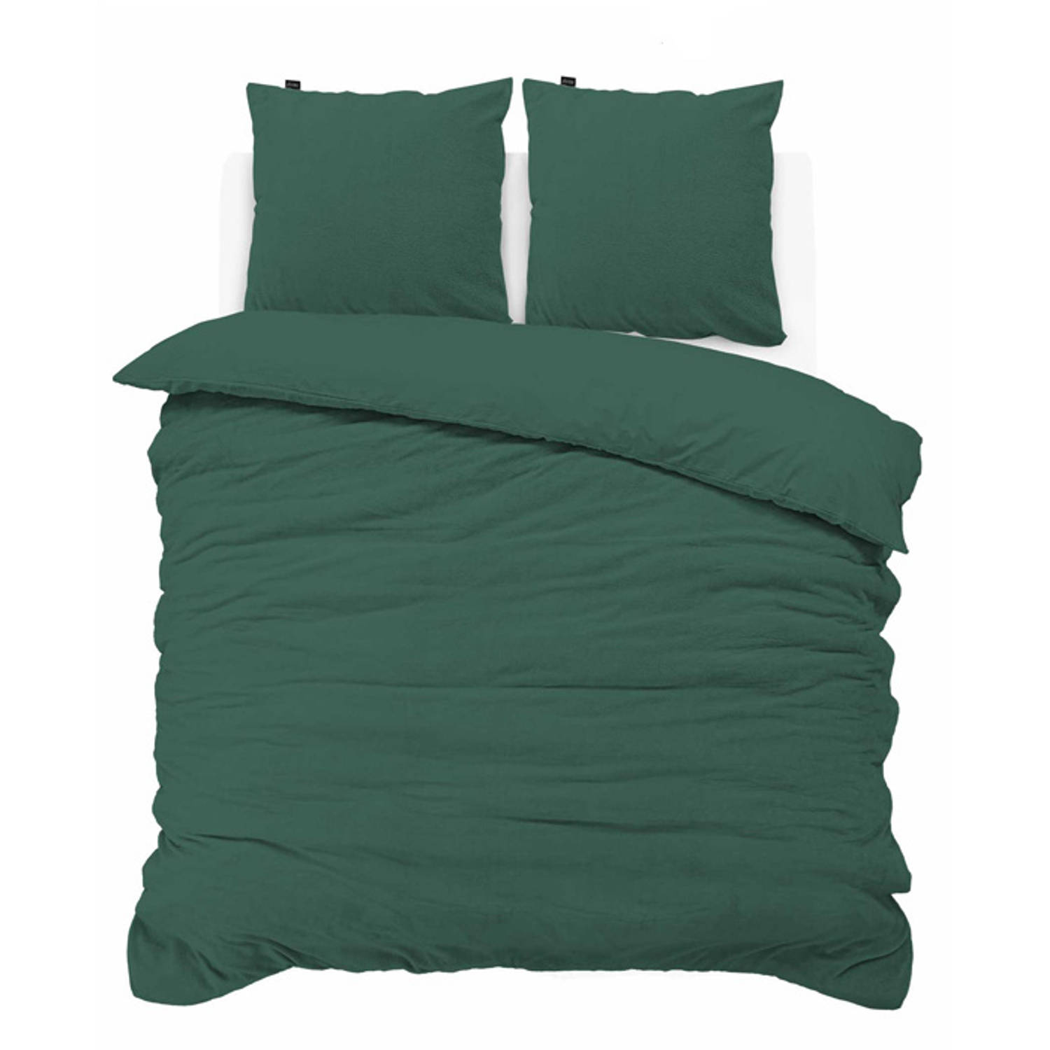 iSleep Dekbedovertrek Teddy Fleece - Eenpersoons - 140x200/220 cm - Donker Groen