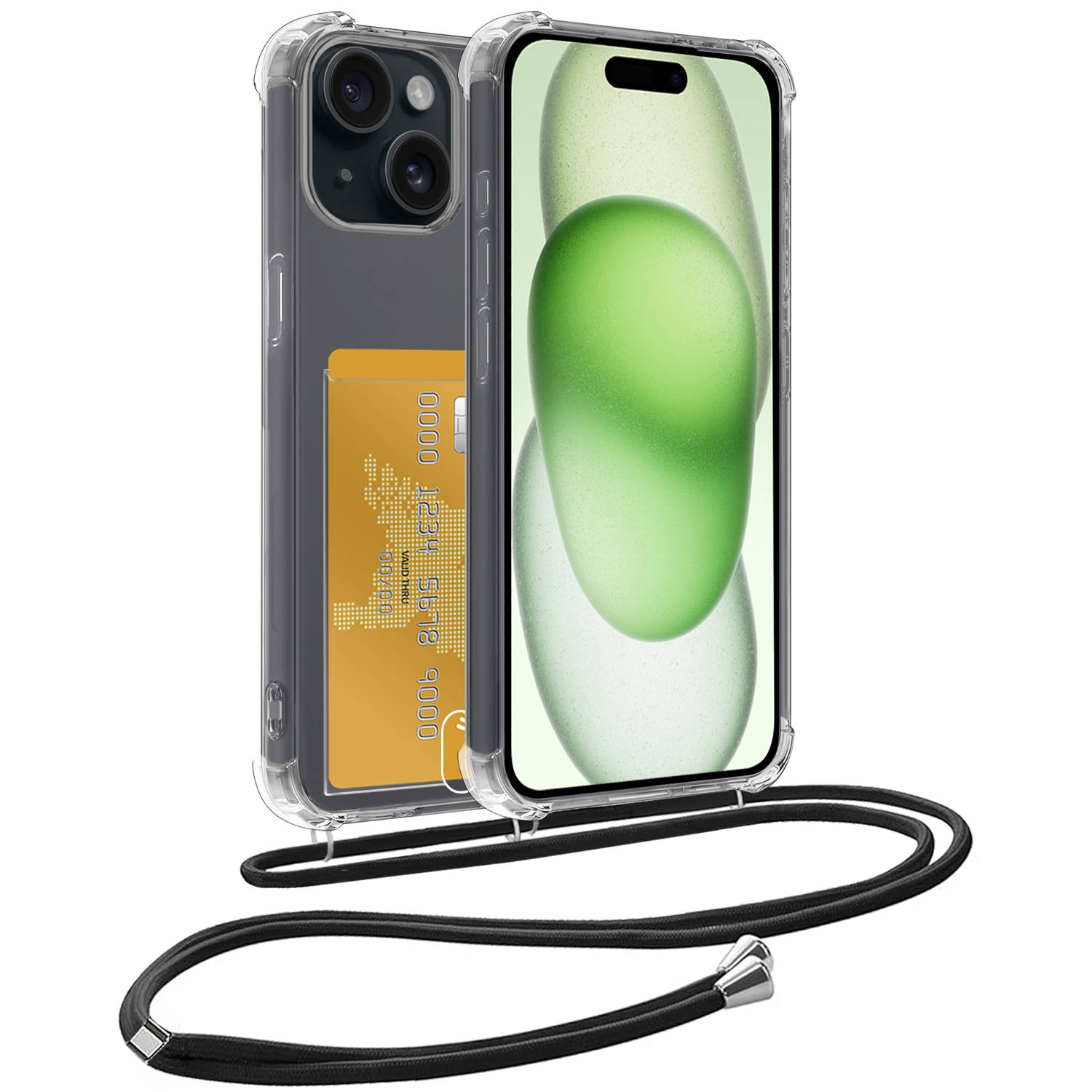 Hoes Geschikt voor iPhone 15 Plus Hoesje Pas Houder Shock Proof Case Hoes Met Koord - Hoesje Geschikt voor iPhone 15 Plus Hoes Met Telefoonkoord Pasjeshouder Cover - Transparant