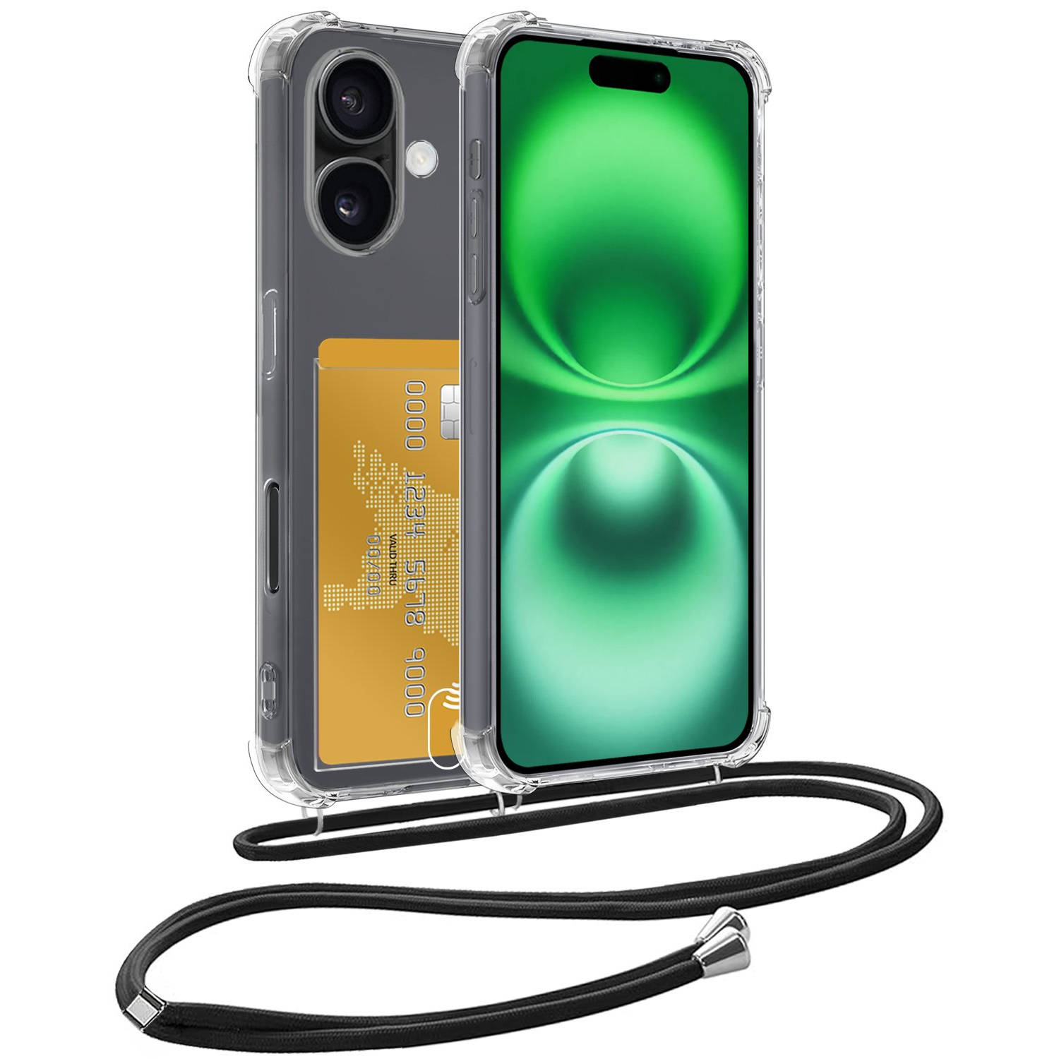 Hoes Geschikt voor iPhone 16 Plus Hoesje Pas Houder Shock Proof Case Hoes Met Koord - Hoesje Geschikt voor iPhone 16 Plus Hoes Met Telefoonkoord Pasjeshouder Cover - Transparant