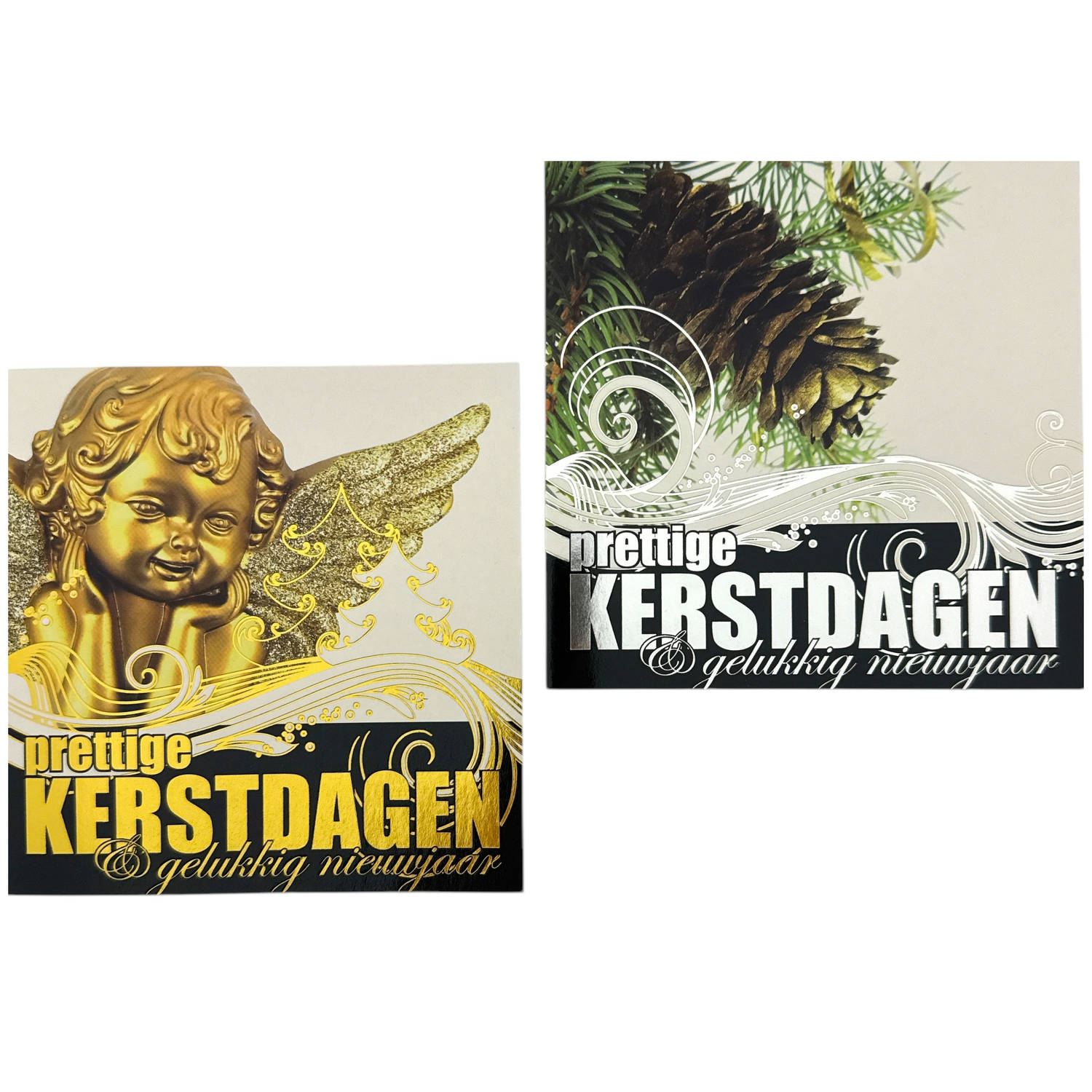 10 Dubbele Kerstkaarten Met Envelop - Tekst: Prettige Kerstdagen & Gelukkig Nieuwjaar 2 Designs - 12.5 x 12.5 cm