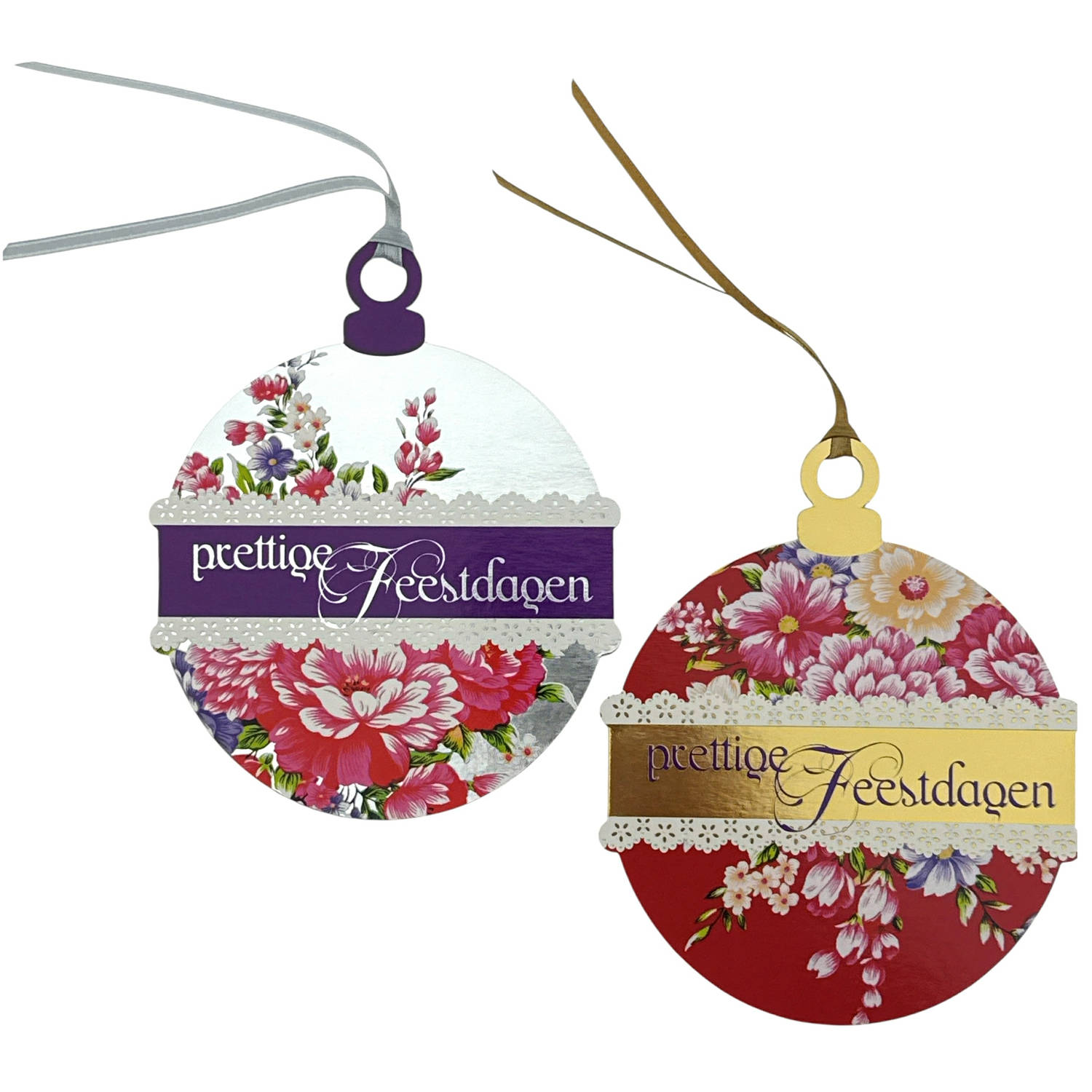 10 Dubbele Ronde Kerstkaarten Met Envelop - Tekst: Prettige Feestdagen - 2 Designs - 11 x 13 cm met ophanglint