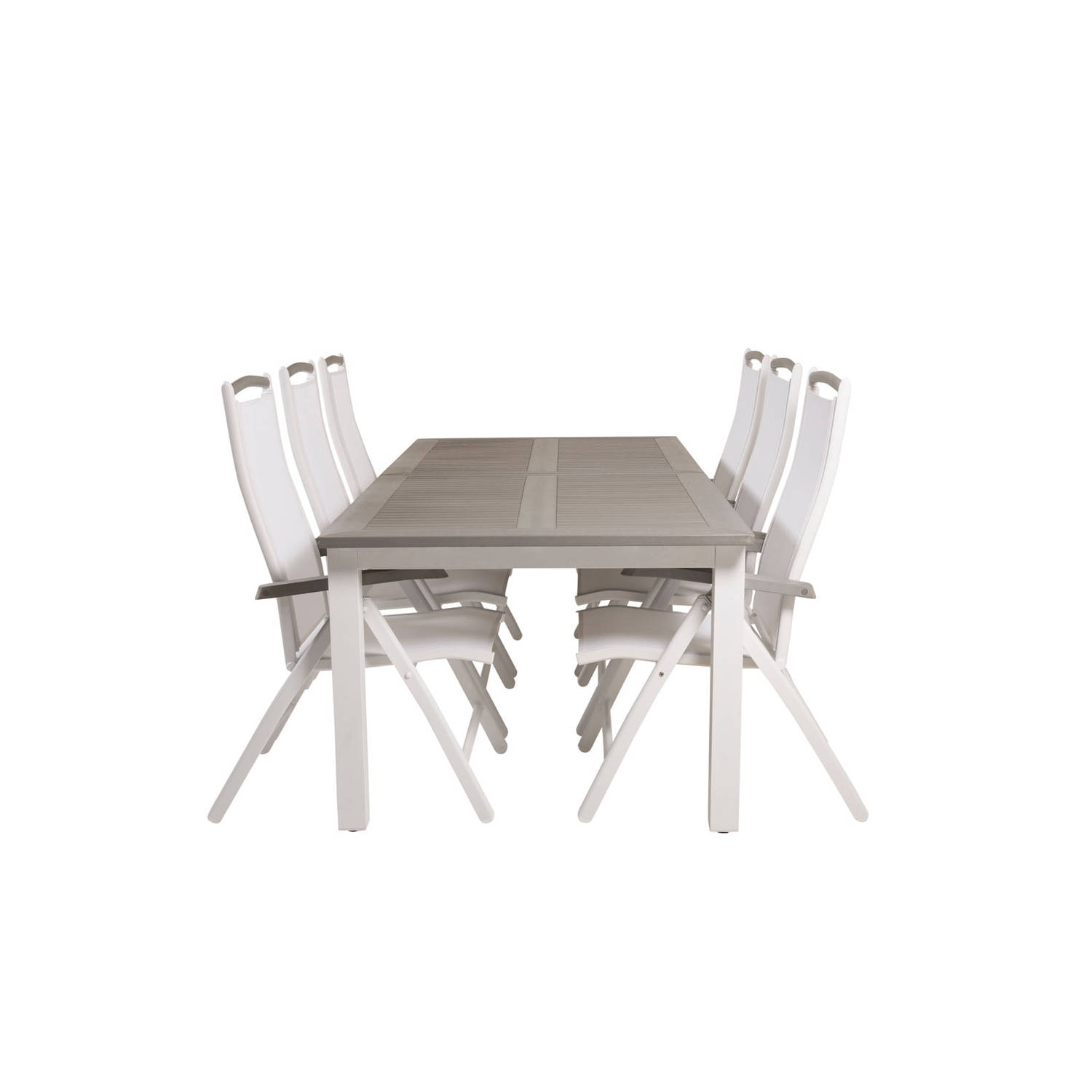 Albany tuinmeubelset tafel 100x224/324cm en 6 stoel 5posalu Albany wit, grijs.