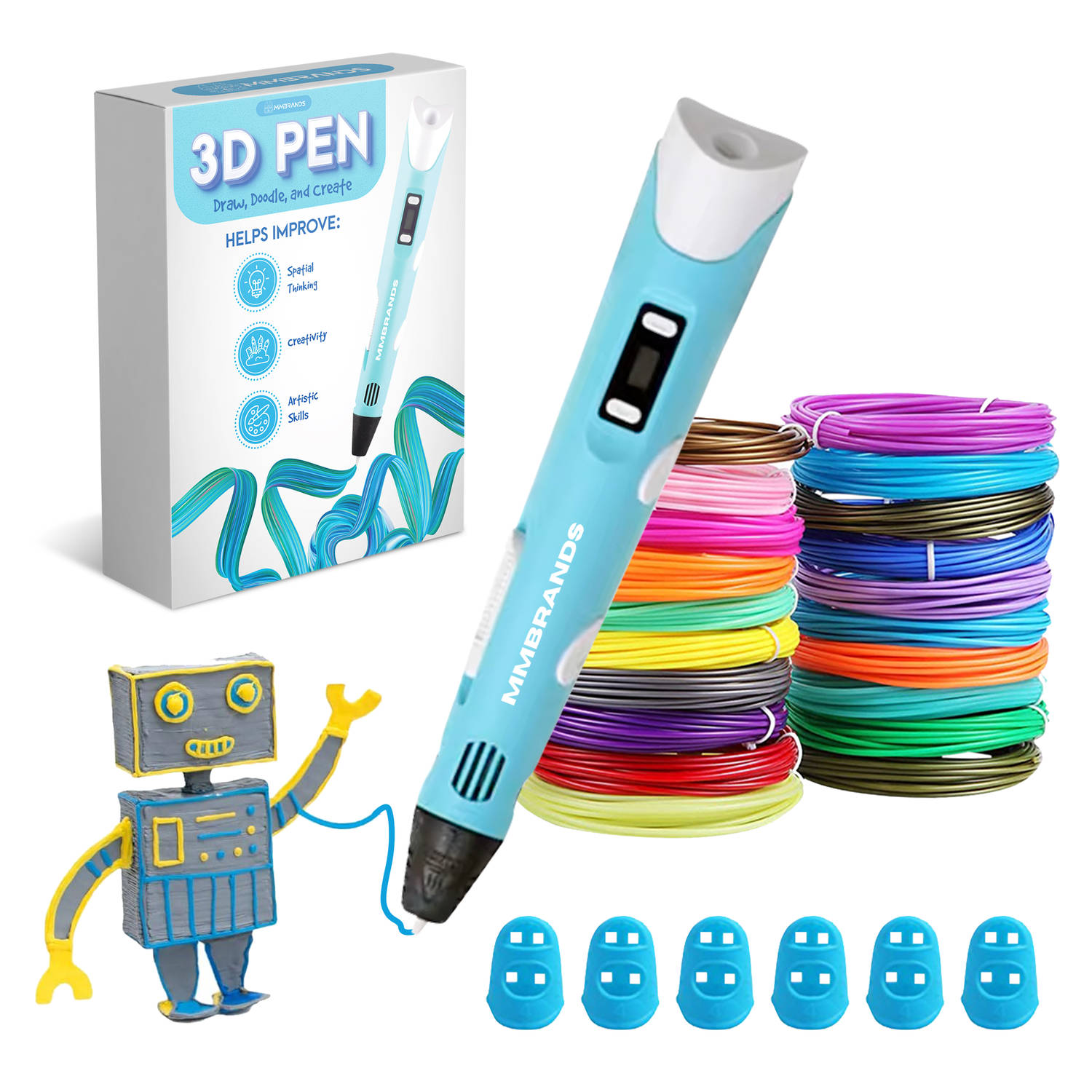 MM Brands 3D Pen Starterspakket - Inclusief 100m Filament in 10 Kleuren - Extra Lange Laadkabel - Geschikt voor ABS & PLA Filament - Blauw