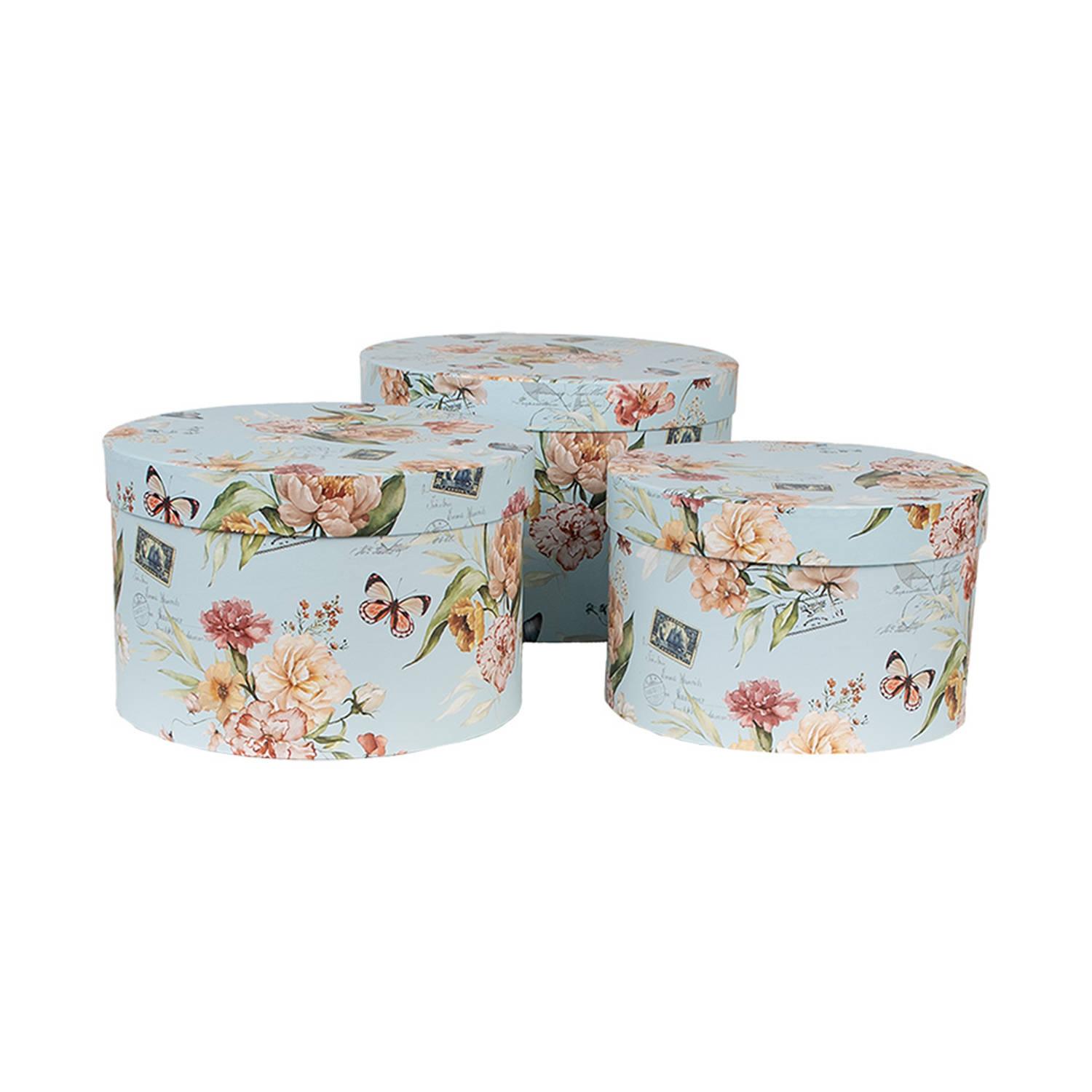 Clayre & Eef Opbergdoos Set van 3 Ø 24x16 / Ø 22x15 / Ø 21x13 cm Blauw Karton Rond Bloemen