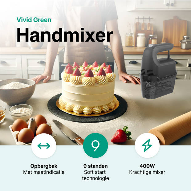 Handmixer 400W - 9 snelheden - Turbofunctie - Opberghouder - Deeghaken - Wit - Vivid Green