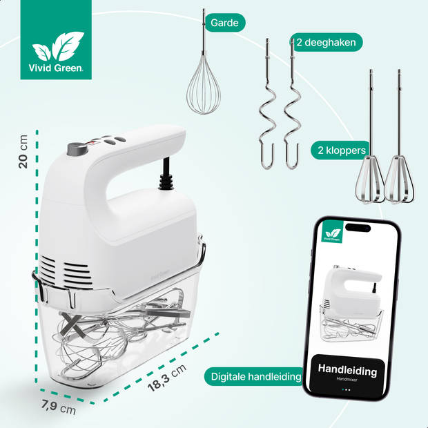 Handmixer 400W - 9 snelheden - Turbofunctie - Opberghouder - Deeghaken - Wit - Vivid Green