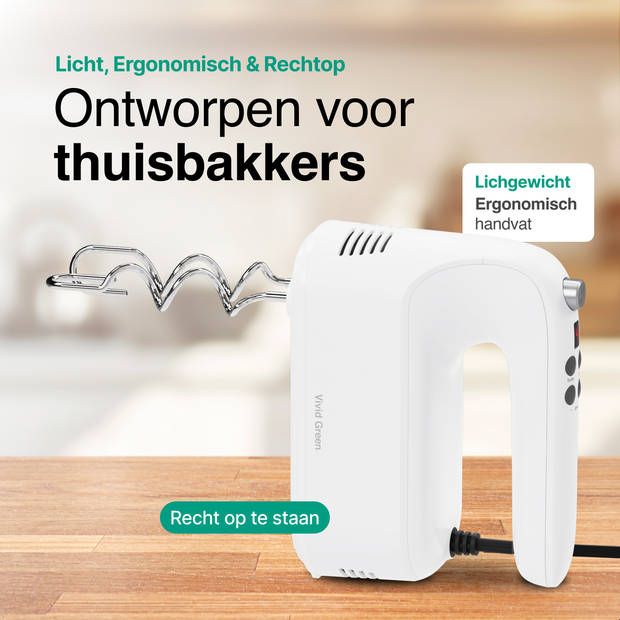 Handmixer 400W - 9 snelheden - Turbofunctie - Opberghouder - Deeghaken - Wit - Vivid Green