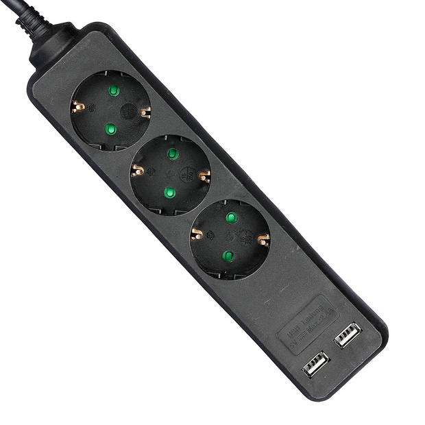 V-TAC VT-1125-2 3 Wegs verlengstekkerdozen - Zwart - USB - IP20 - 1,5 m draad