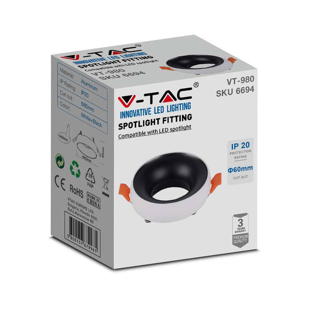 V-TAC VT-980RD-WB LED Spots - Inbouwspots - GU10 - IP20 - Wit+Zwart