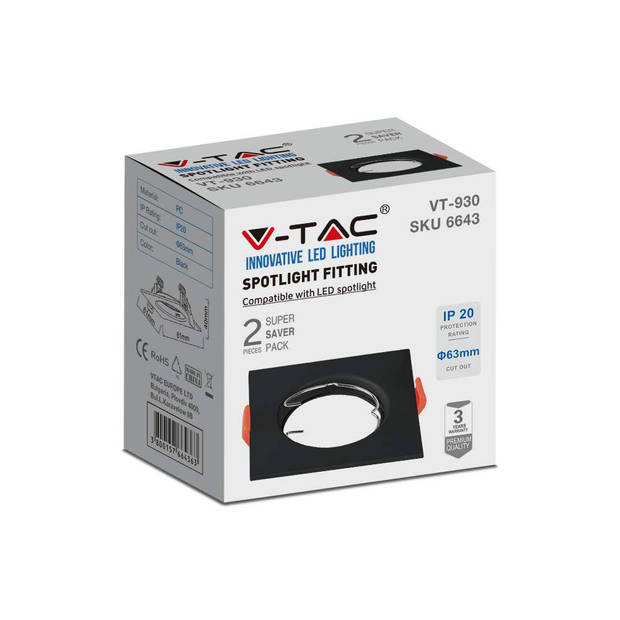 V-TAC VT-930-B LED-spots - Inbouwarmatuur - GU10 - IP20 - Zwart - Modelnr: - VT-930-B