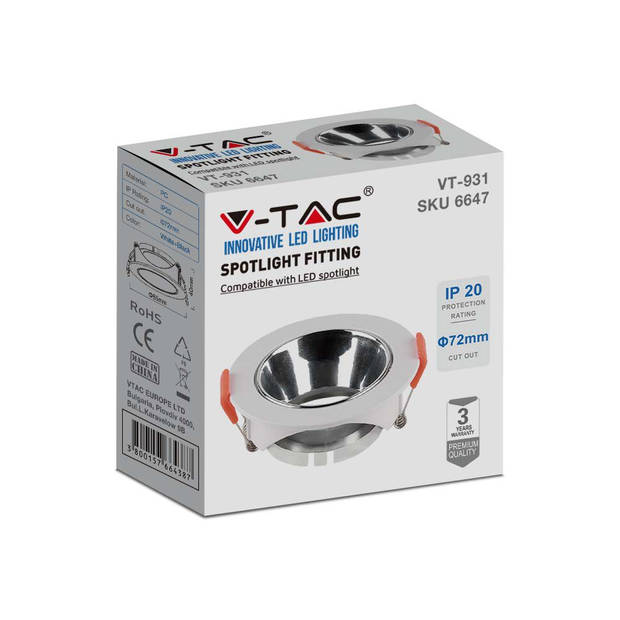 V-TAC VT-931-WCH LED-spots - Inbouwarmatuur - GU10 - IP20 - Wit+Chroom - Modelnr: - VT-931-WCH