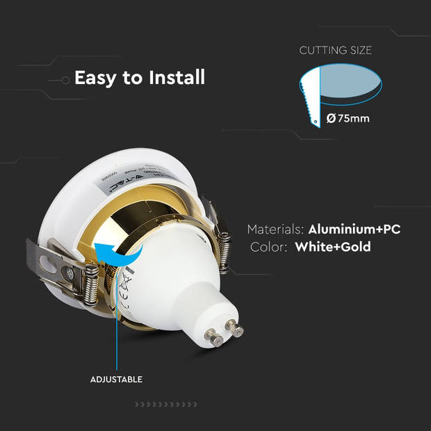 V-TAC VT-873-WG LED inbouwspots - GU10 - IP20 - Wit+Goud - Modelnr: - VT-873-WG