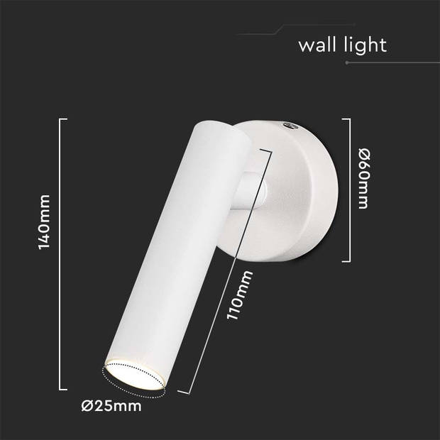 V-TAC VT-412-W LED Wandlampen - Enkele kop - IP20 - Wit - 2 Watt - 150 Lumen - 4000K