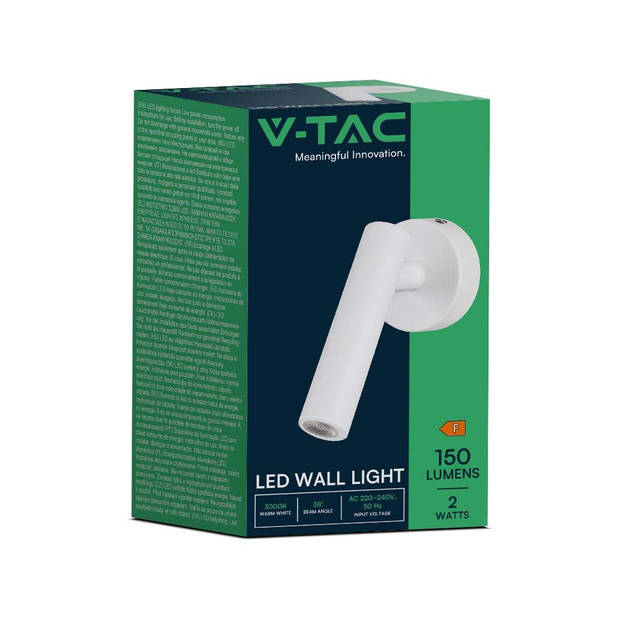 V-TAC VT-412-W LED Wandlampen - Enkele kop - IP20 - Wit - 2 Watt - 150 Lumen - 4000K